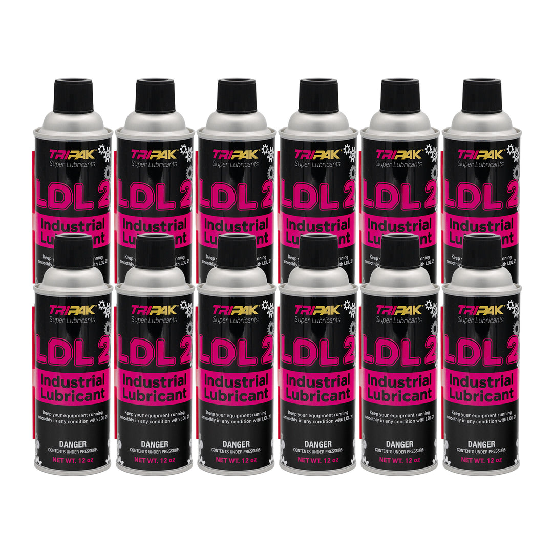 12 cans of Tripak LDL 2 Industrial Lubricant on a white background